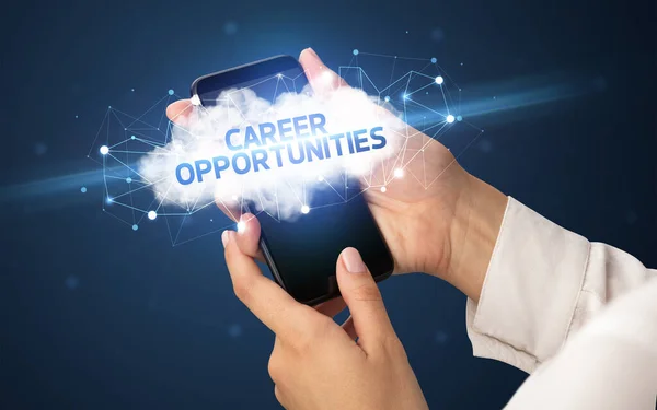 Smartphone Tactile Féminin Avec Inscription Career Opportunities Concept Entreprise Cloud — Photo
