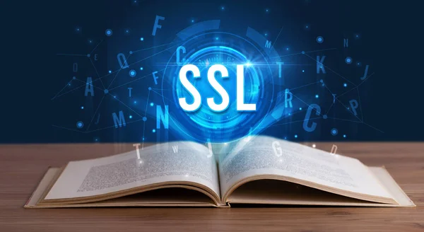 Ssl Inscription Coming Out Open Book Digital Technology Concept — Stock Photo, Image