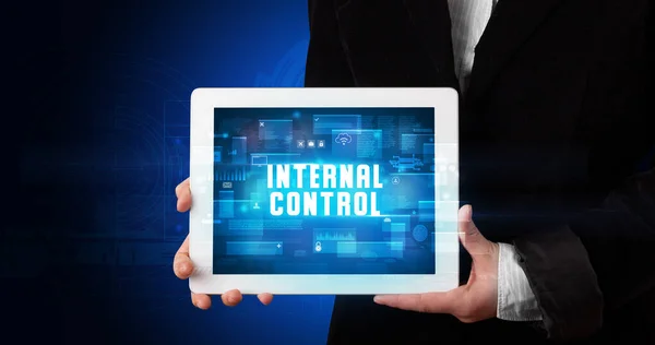 Young Business Person Working Tablet Shows Digital Sign Internal Control — Stock Photo, Image