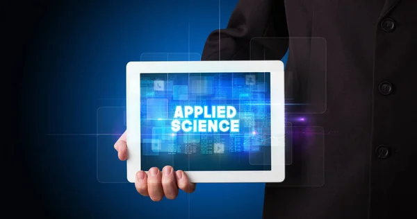 Young Business Person Working Tablet Shows Inscription Applied Science — Stock Photo, Image