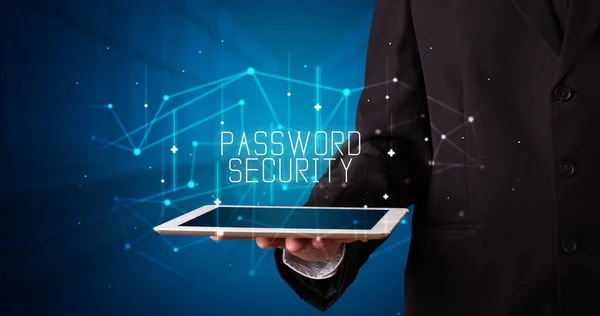 Young Business Person Working Tablet Shows Digital Sign Password Security — Stock Photo, Image