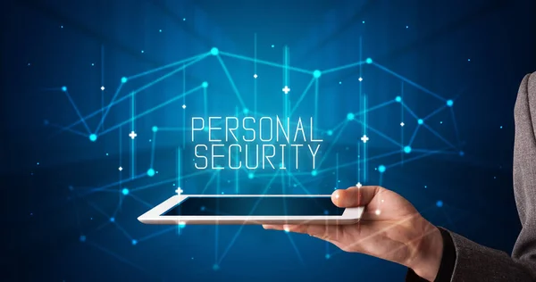 Young Business Person Working Tablet Shows Digital Sign Personal Security — Stock Photo, Image