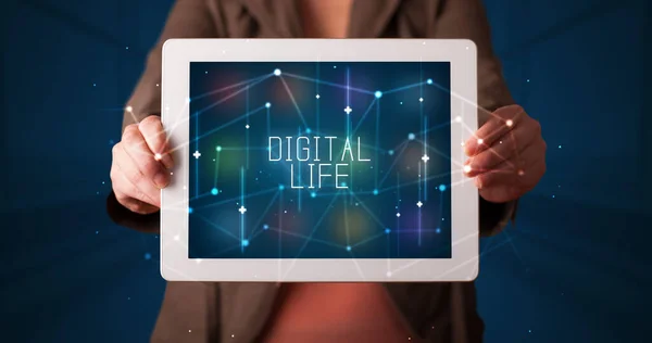 Young Business Person Working Tablet Shows Digital Sign Digital Life — Stock Photo, Image