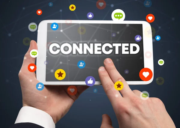 Nahaufnahme Eines Touchscreens Mit Konnected Beschriftung Konzept Für Soziale Netzwerke — Stockfoto