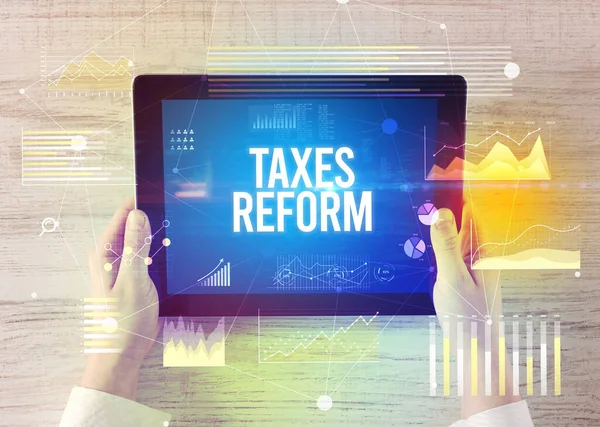 Close Hands Holding Tablet Taxes Reform Inscription Modern Business Concept — Stock Photo, Image