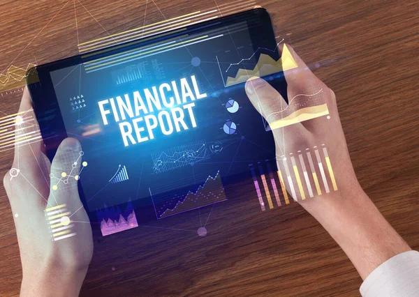 Close Hands Holding Tablet Financial Report Inscription Modern Business Concept — Stock Photo, Image