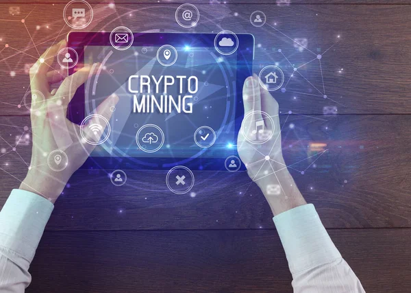 Close Tablet Com Inscrição Crypto Mining Conceito Tecnologia Inovadora — Fotografia de Stock