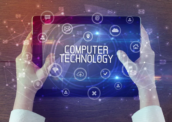 Κοντινό Πλάνο Ενός Tablet Επιγραφή Τεχνολογιασ Computer Καινοτόμο Έννοια Της — Φωτογραφία Αρχείου