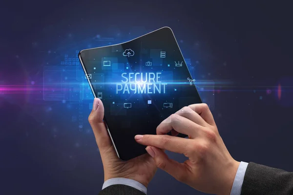 Empresário Segurando Smartphone Dobrável Com Inscrição Secure Payment Conceito Segurança — Fotografia de Stock