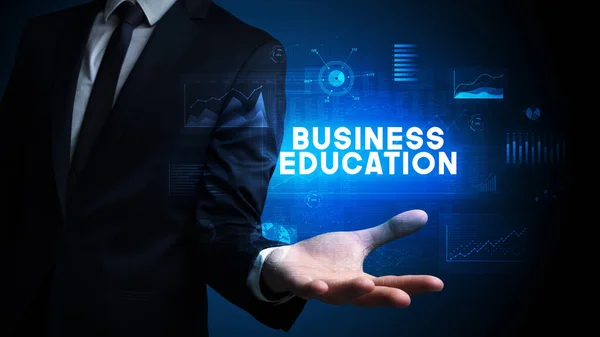 Mão Empresário Segurando Inscrição Educação Empresa Conceito Sucesso Empresarial — Fotografia de Stock
