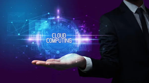 Mano Del Hombre Sosteniendo Inscripción Cloud Computing Concepto Tecnología — Foto de Stock