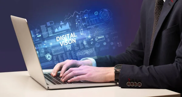 Empresario Trabajando Laptop Con Inscripción Digital Vison Concepto Cibertecnología — Foto de Stock