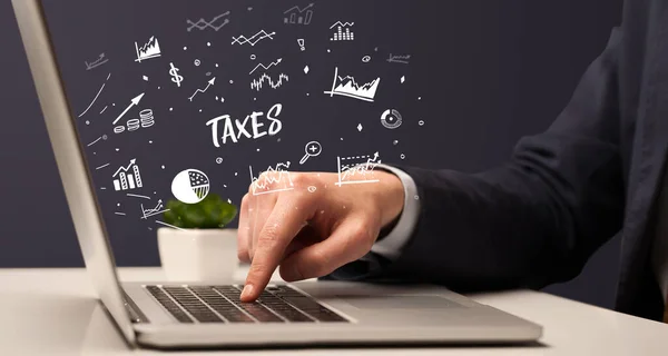 Businessman Working Laptop Taxes Inscription Modern Business Concept — Stock Photo, Image