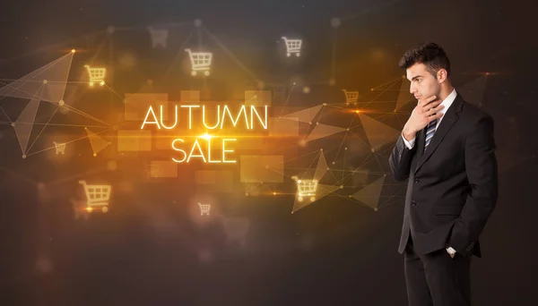 Biznesmen Ikonami Koszyka Napisem Autumn Sale Koncepcja Zakupów Online — Zdjęcie stockowe