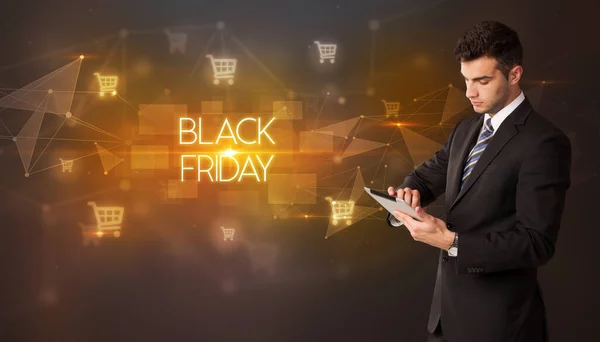 Businessman Shopping Cart Icons Black Friday Inscription Online Shopping Concept — Stock Photo, Image