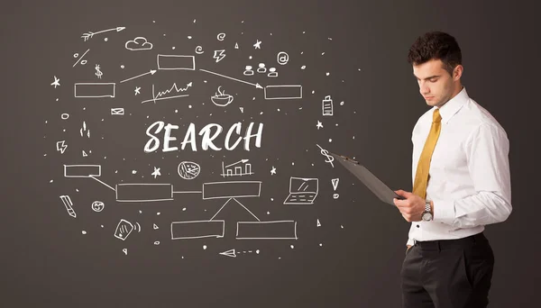 Biznesmen Myślący Napisem Search Koncepcja Edukacji Biznesu — Zdjęcie stockowe