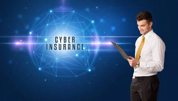 Businessman Thinking Security Solutions Cyber Insurance Inscription — Stock Photo, Image