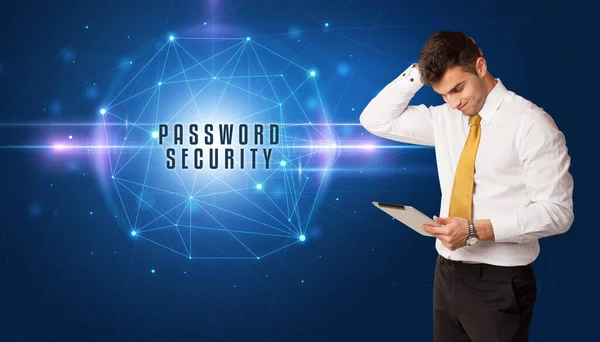 Empresário Pensando Soluções Segurança Com Inscrição Password Segurança — Fotografia de Stock