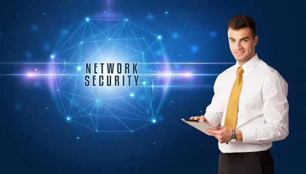 Businessman Thinking Security Solutions Network Security Inscription — ストック写真
