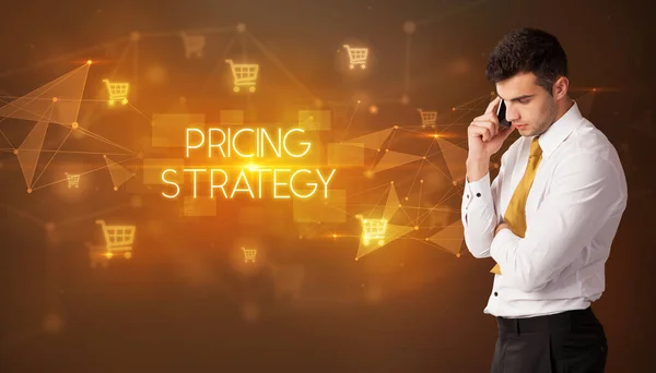 Affärsman Med Varukorg Ikoner Och Pricing Strategy Inskription Online Shopping Stockfoto