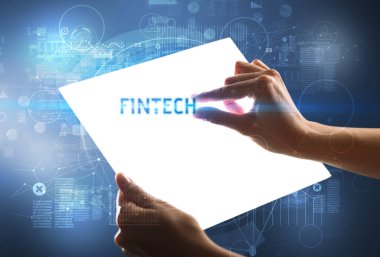 FINTECH yazıtlı el yapımı fütüristik tablet, yeni teknoloji kavramı