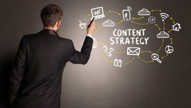 businessman drawing social media icons with CONTENT STRATEGY inscription, new media concept