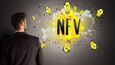businessman drawing colorful light bulb with NFV abbreviation, new technology idea concept