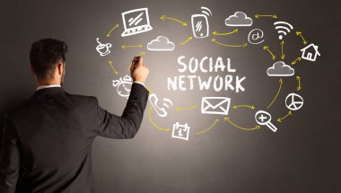 SOSYAL NETworK yazıtlı sosyal medya simgeleri çizen işadamı, yeni medya kavramı