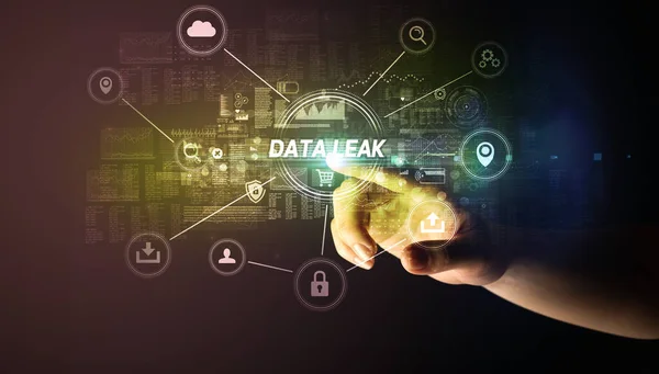 Hand Touching Data Leak Inscription Cybersecurity Concept — Stock Photo, Image