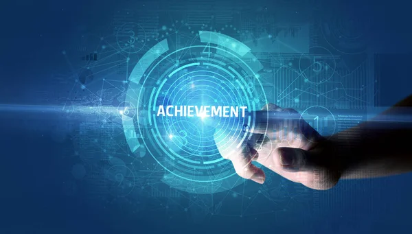 Käsin Koskettaminen Achievement Painiketta Modernin Liiketoiminnan Teknologian Käsite — kuvapankkivalokuva