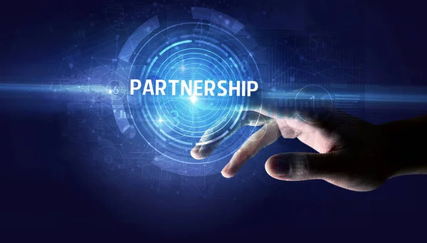 Mano Tocando Botón Partnership Concepto Tecnología Empresarial Moderna — Foto de Stock