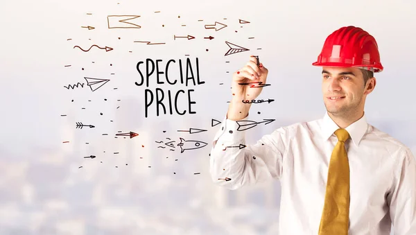 Handsome Businessman Helmet Drawing Special Price Inscription Contruction Sale Concept — Stock Photo, Image