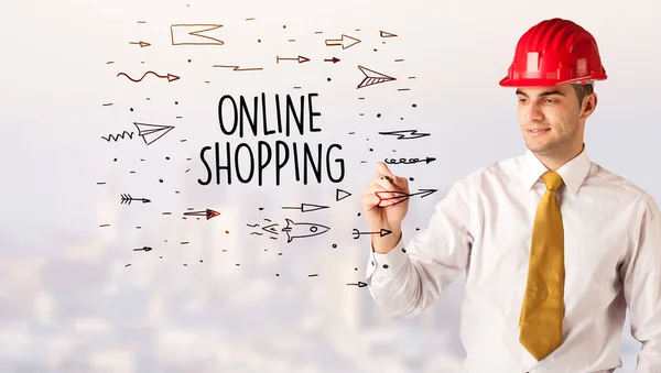 Frumos Afaceri Casca Desen Online Shoppping Inscripție Concept Vânzare Contrucție — Fotografie, imagine de stoc