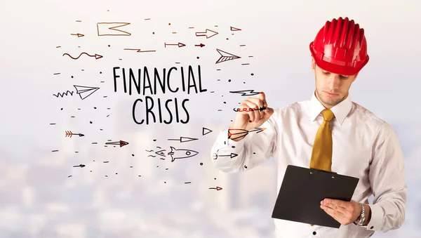 Kask Çizen Yakışıklı Işadamı Financial Crisis Yazıtları Kaçak Satış Konsepti — Stok fotoğraf