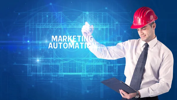 Handsome Architect Helmet Drawing Marketing Automation Inscription New Technology Concept — Stock Photo, Image