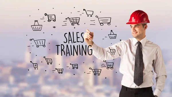 Handsome Businessman Helmet Drawing Sales Training Inscription Contruction Sale Concept — Stock Photo, Image