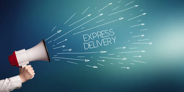 Jeune Fille Criant Mégaphone Avec Express Delivery Inscription Concept Shopping — Photo