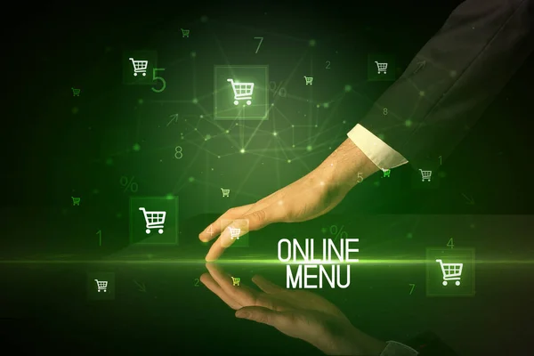 Online Vásárlás Online Menu Felirattal Bevásárlókocsi Ikonokkal — Stock Fotó