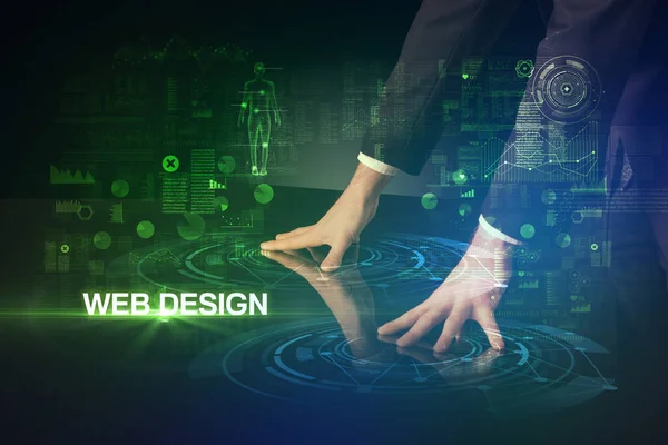 Empresário Tocando Enorme Exibição Com Inscrição Web Design Conceito Tecnologia — Fotografia de Stock