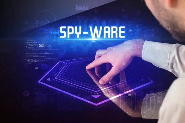 stock image Hand touching digital table with SPY-WARE inscription, new age security concept