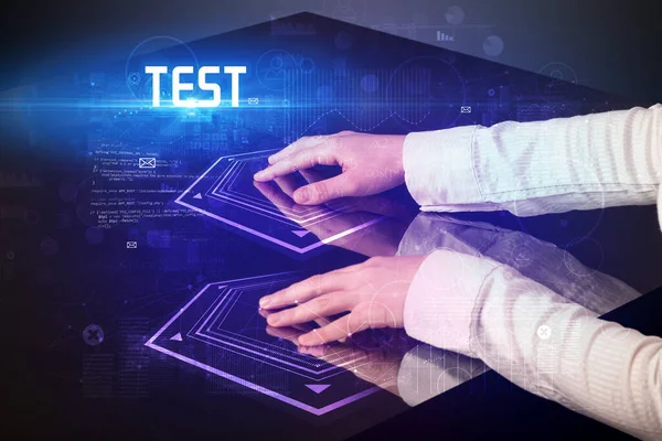 Hand Touching Digital Table Test Inscription New Age Security Concept — Stock Photo, Image