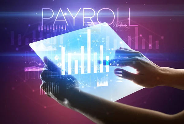 Hand Holding Futuristische Tablet Met Payroll Inscriptie Hierboven Modern Business — Stockfoto