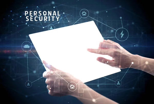Holding Futuristic Tablet Personal Security Inscription Cyber Security Concept — Stock Photo, Image