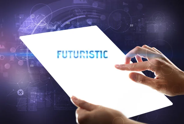 Hand Holdig Futuristic Tablet Futuristic Inscription New Technology Concept — Stock Photo, Image