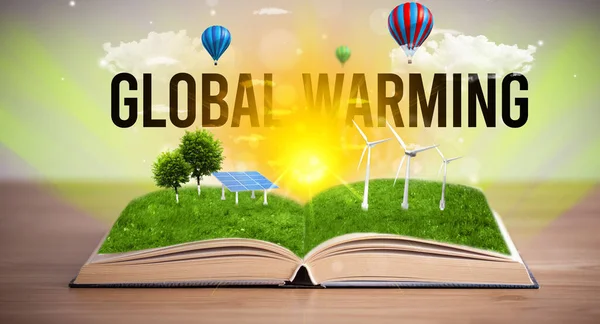Open Book Global Warming Inscription Renewable Energy Concept — Stock Photo, Image