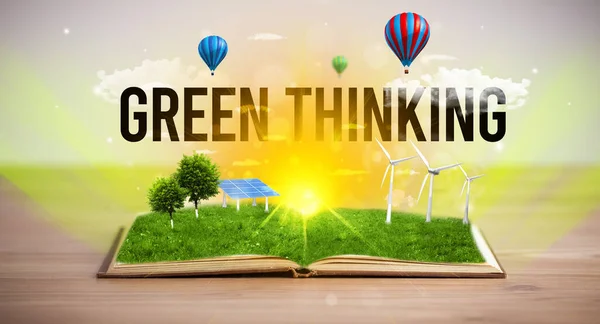 Libro Aperto Con Iscrizione Green Thinking Concetto Energia Rinnovabile — Foto Stock