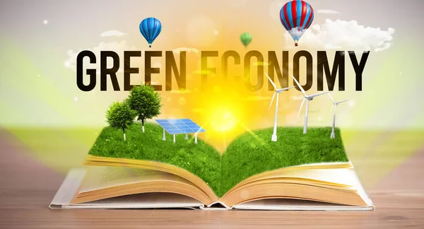 Otevřená Kniha Nápisem Zelená Ekonomie Koncept Obnovitelné Energie — Stock fotografie
