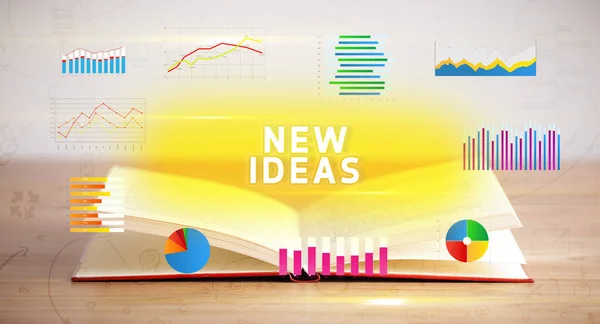 Ανοικτό Βιβλίο Επιγραφή New Ideas Νέα Επιχειρηματική Έννοια — Φωτογραφία Αρχείου