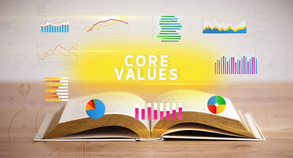 Öppen Bok Med Core Values Inskription Nytt Affärskoncept — Stockfoto
