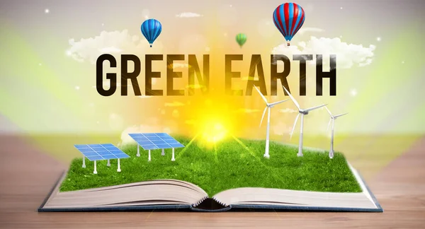 Open Book Green Earth Inscription Renewable Energy Concept — Stock Photo, Image